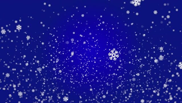 Many white snowflakes falling down on a dark blue background