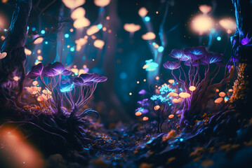 Fototapeta na wymiar Fairy forest at night fantasy glowing flowers, Generative Ai