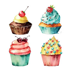 cupcake set with cream. watercolor illustration ice cream