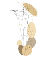 Silhouette of a beautiful woman with a flute and a leaf of a plant in a modern continuous line style. Flutist, slender. Outline decor, posters, stickers, logo. Vector illustration.
