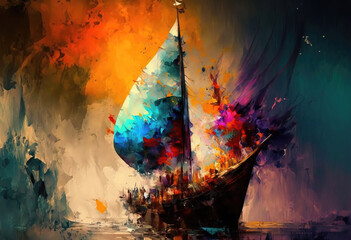 ship in sea. abstract oil painting. sketch art for artist creativity and inspiration. generative AI	
