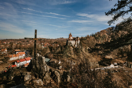 Dracula Bran Castle View from Hill with Cross