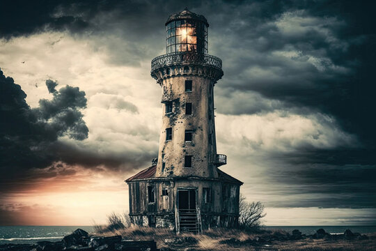 Awe-Inspiring Abandoned Lighthouse Amidst a Stormy Sky, AI generative