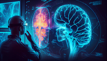 Futuristic biomedical concept of a doctor using advance holographic scanning a patient's brain neuron pathology and diagnostic scan