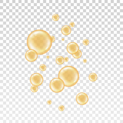 Gold collagen isolated on transparent background. Glass circle shape. Realistic oil bubbles orange color. Set round sphere vitamin. Abstract bead for design print. Collection orb. Vector illustration