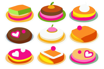 Cakes collection of different types of stylised cakes with hearth made with love, yummy sweets pastry desserts in bright colors. Isometric flat illustration.