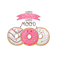 Good food for good mood. Vector illustration of a donut character. Illustration in doodle style. Perfect for used for cafe, bakery or manufacturer's website, stickers, postcards, banners or posters.