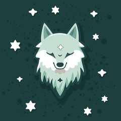 Gray Wolf Illustration, Stylish logo of smiling Wolf among the stars, cartoon style illustration