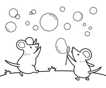 Mouse blowing bubbles coloring page. Painting for kindergarten and elementary school children . Children's coloring activity sheet. Cute Illustration to Color. 