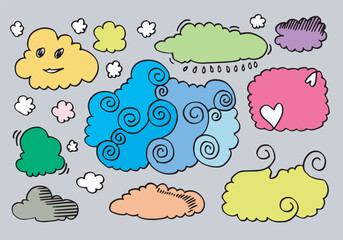 Hand drawn colorful clouds set illustration isolated on gray background.