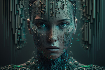 Fictional Person, face of a fictional person, representing artificial intelligence, with green codes and computer components mixed by his imaginary face, generated by IA,