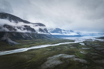 Panoramic landscape view of Akshayuk Pass, Auyuittuq National Park landscape view. Baffin Mountains