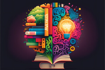 Books with a brain and bulb, generative ai
