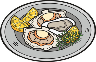 Hand Drawn oysters on plate illustration in doodle style