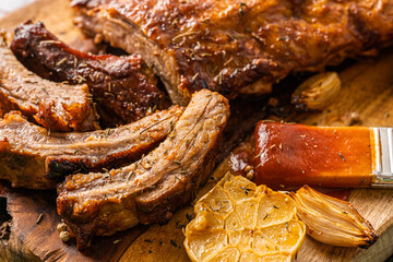 juicy hot grilled ribs from a summer barbecue in nature.