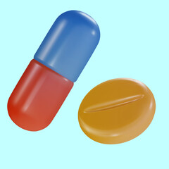 Set 3d cartoon medical pill, capsule or drug in realistic funny colorful style. Render bright children toy object. Collection plastic cute glossy design element. Vector minimal illustration.