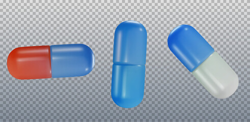 Set 3d cartoon medical capsules or drugs in realistic funny colorful style. Render bright children toy object. Collection plastic cute glossy design element. Vector minimal illustration.