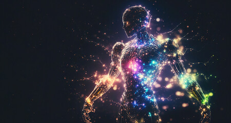 Ethereal artificial intelligence avatar. Glowing data particles. Generative AI 