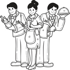 Hand Drawn Waitress in a restaurant illustration in doodle style