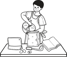 Hand Drawn man learning to cook from the internet illustration in doodle style