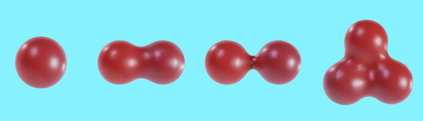 3d cartoon biology red cell or atom division in realistic funny colorful style. Render bright children toy object. Plastic cute glossy design element. Vector minimal medical illustration.