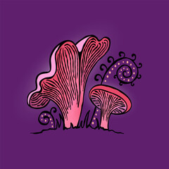 Fairytale watercolor outlined mushrooms design. Glowing chanterelle witchcraft funguses.