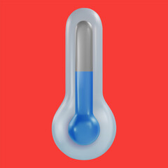 3d cartoon blue medical or weather thermometer in realistic funny colorful style. Render bright children toy object. Plastic cute glossy design element. Vector minimal illustration.