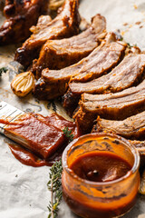 juicy hot grilled ribs from a summer barbecue in nature.