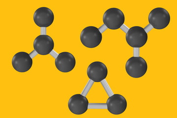 Set 3d cartoon molecule structure in realistic funny colorful style on simple background. Render bright toy object. Plastic cute glossy design element. Vector minimal illustration.