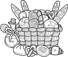 Hand Drawn set of bread on the basket illustration in doodle style