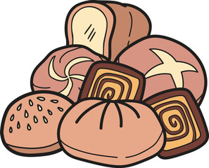 Hand Drawn assorted bread illustration in doodle style