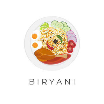 Vector Illustration Logo Chicken Biryani Rice With Curry Sauce Served On A White Plate