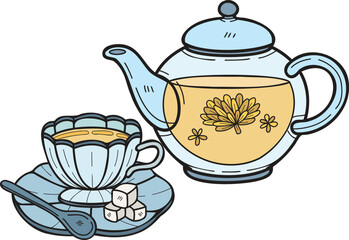 Hand Drawn English style tea set illustration in doodle style