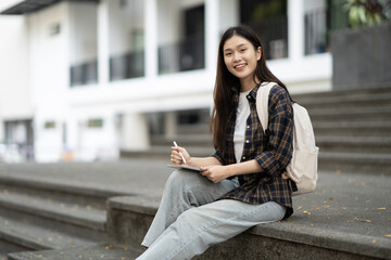 Asian college student using tablet for her university project while sitting in front of the class building.