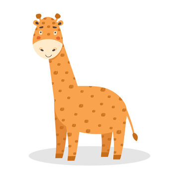 Funny smiling African animal. Cute little baby giraffe cartoon character. Tropical herbivore. Colored flat cartoon vector illustration of happy childish character isolated on white background