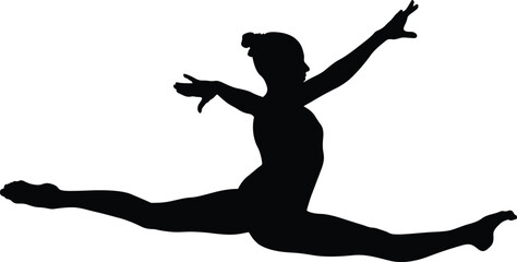 vector; gymnastics; split; leap; woman; gymnast; jump; black; silhouette; isolated; girl; exercise; sporty; feet; graceful; stretching; flexibility; athlete; female; sport; competition; gym; gymnastic