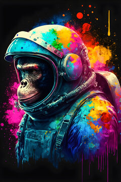 Space monkey cyberpunk illustration isolated on black background. Chimpanzee astronaut face in spacesuit, colorful splashing environment. Futuristic cosmos explorer, future galaxy. Ai generative