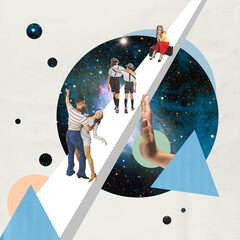 Contemporary artwork. Group of people, couple, children and stylish girl over space background with...