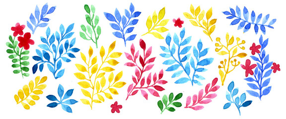 watercolor set with abstract colored leaves and flowers, branches of bright flowers. small print on white background