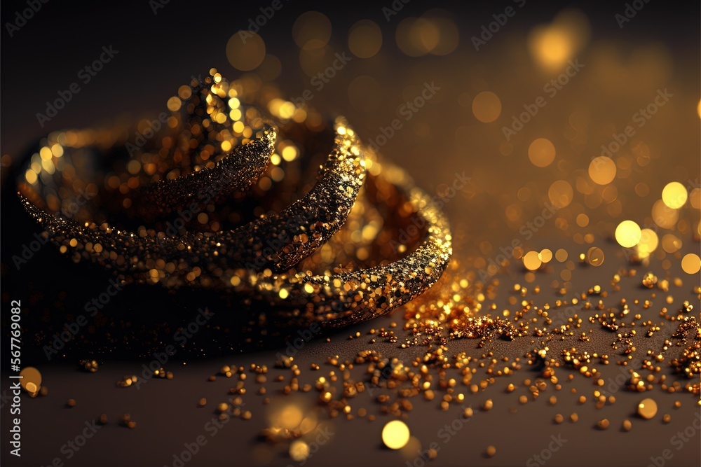 Poster a close up of a gold colored object on a black surface with gold glitter around it and a black backg