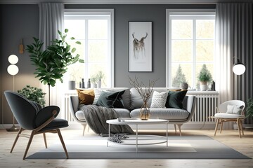 Fototapeta na wymiar Modern living room. Scandinavian style. 3D render, 3D illustration.