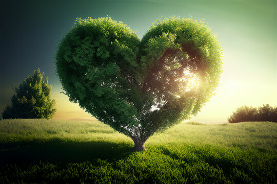 Tree in heart shape valentines day on green field illustration Generative Ai