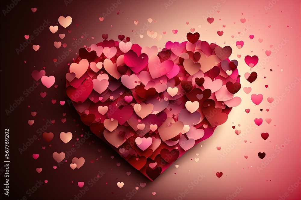 Poster a large heart made of many hearts on a pink background with hearts scattered around the edges of the