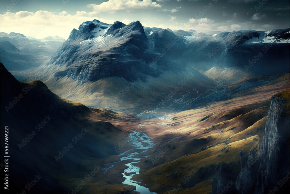 Poster a painting of a mountain range with a river running between it and a sky with clouds above the mount