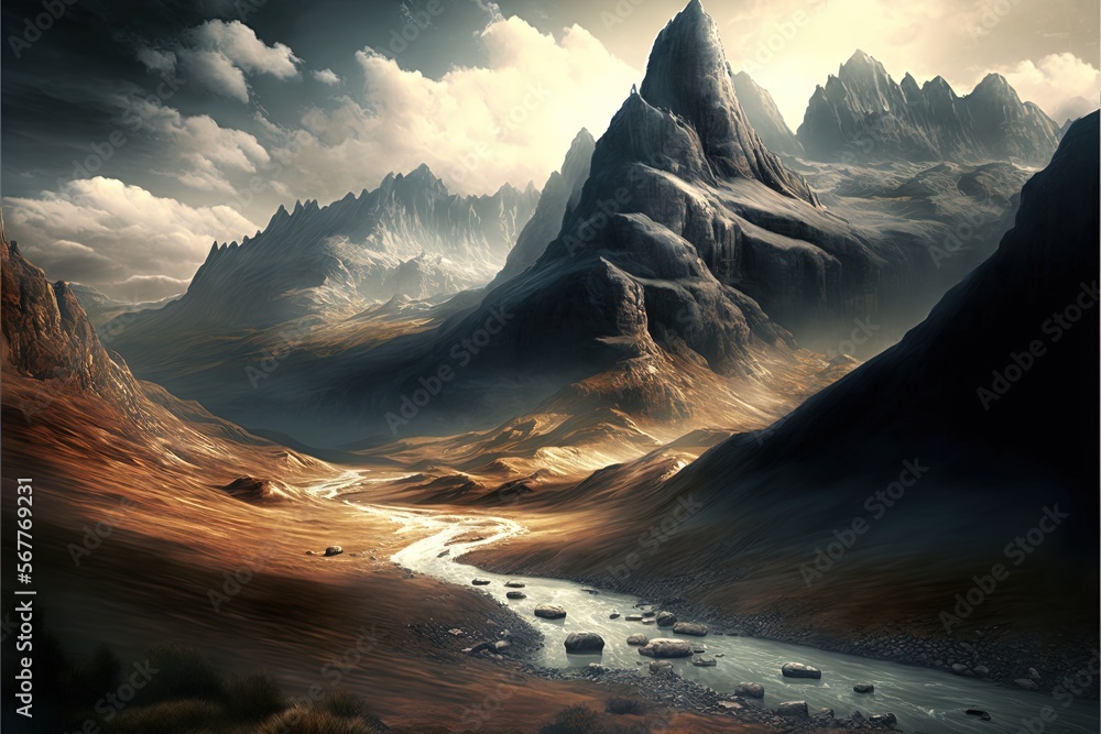 Poster a painting of a mountain range with a river running through it and a few sheep in the foreground, an