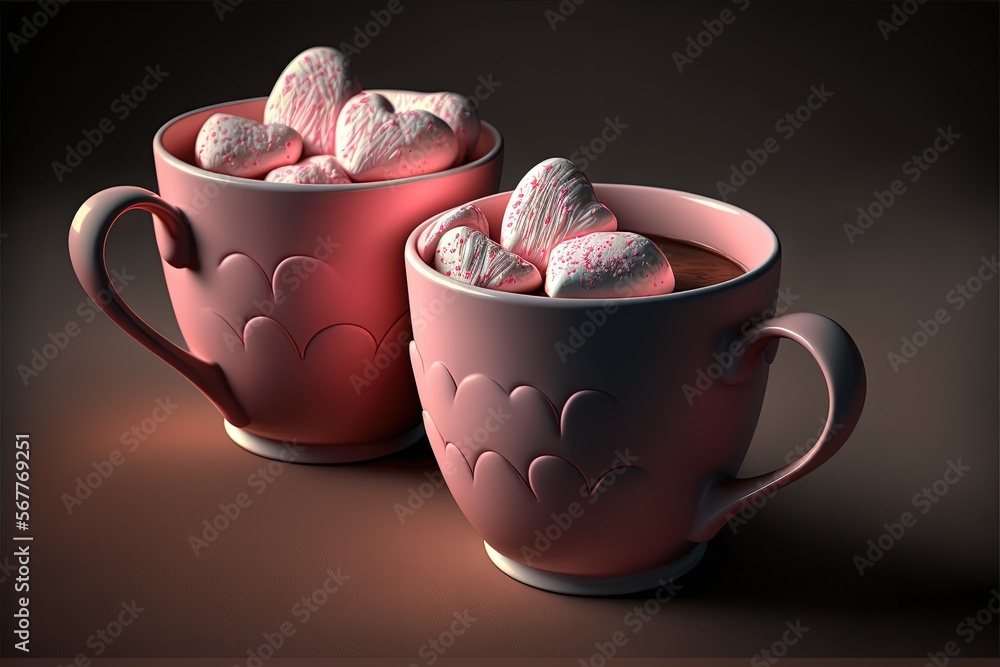 Aufkleber two mugs of hot chocolate with marshmallows in them on a brown background with a black background an