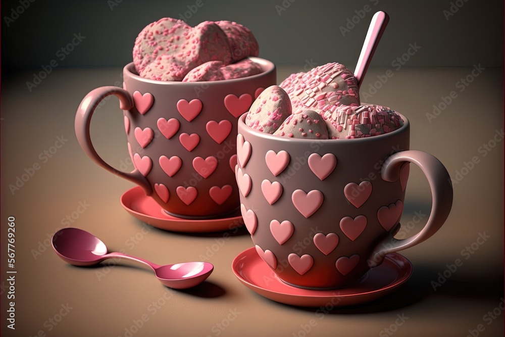 Poster a couple of cups filled with ice cream next to a spoon and spoon rest on a table next to a cup with 