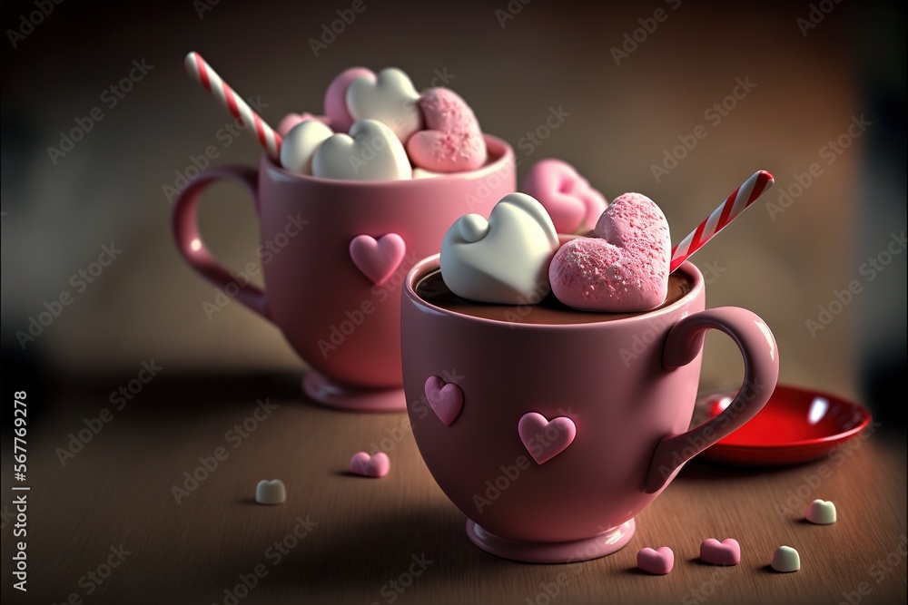 Aufkleber two pink mugs filled with marshmallows and a candy cane on top of a table with hearts on them and sc