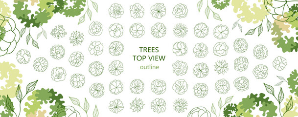 Tree for architectural floor plans. Entourage design. Various trees, bushes, and shrubs, top view for the landscape design plan. Vector illustration.