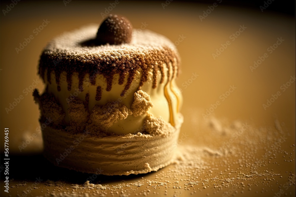Poster a desert with a chocolate topping on top of it on a table with sand around it and a spoon in the mid